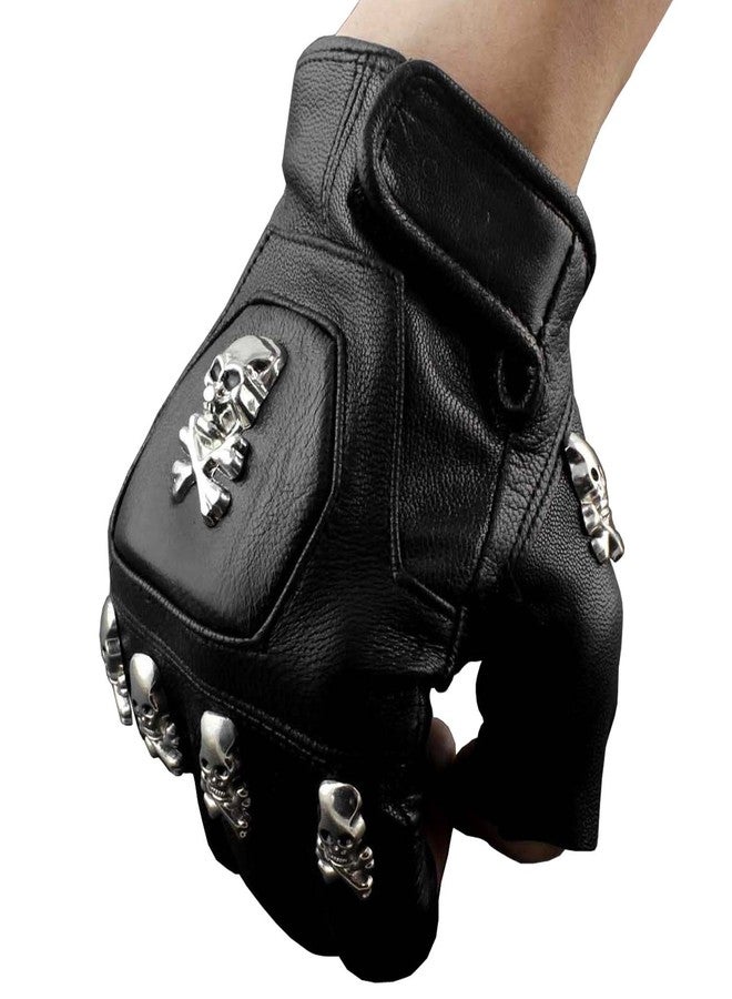 vogueteen Mens Real Leather Skull Punk Rocker Driving Motorcycle Biker Fingerless Gloves - Image 1